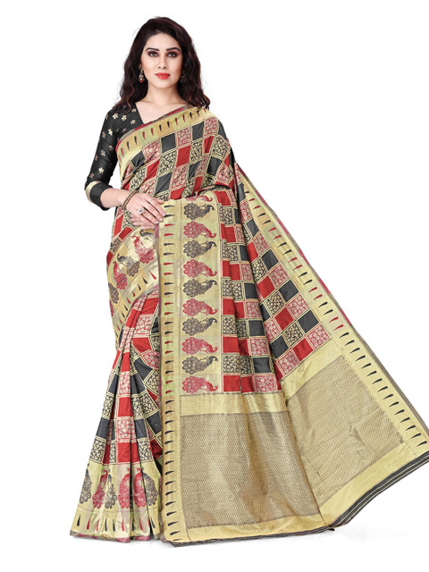 

KALINI Red & Black Checked Zari Silk Blend Saree