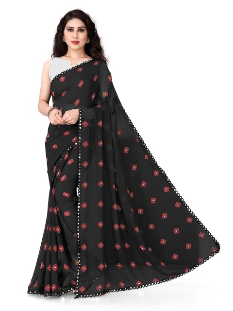 

KALINI Black & Red Printed Mirror Work Saree