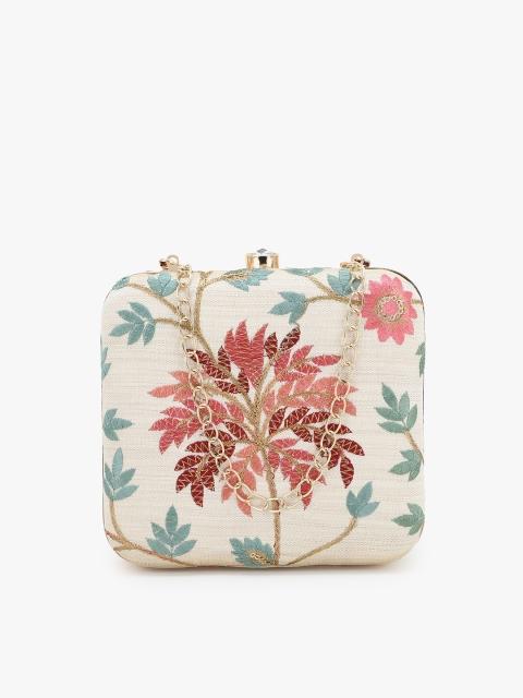 

Anekaant Off White & Red Faux Silk Botanical Embroidered Box Clutch