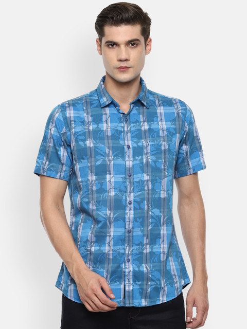 

VAN HEUSEN DENIM LABS Men Blue Slim Fit Opaque Checked Casual Shirt