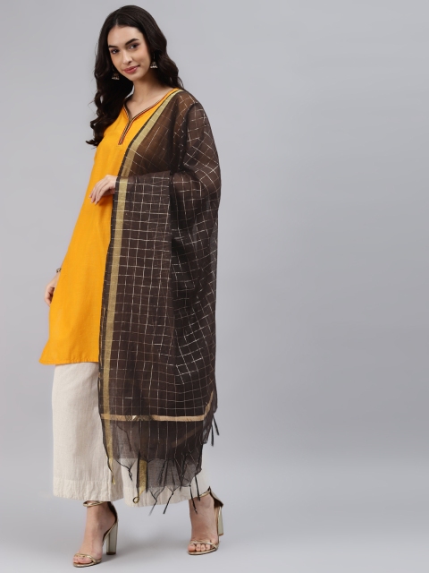

mokshi Brown Checked Art Silk Ikat Dupatta with Zari