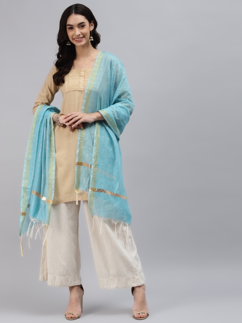 

mokshi Turquoise Blue Checked Art Silk Dupatta with Zari