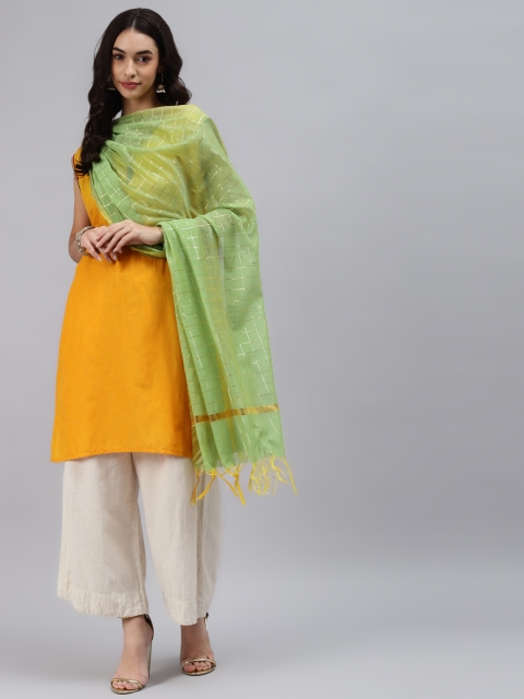 

mokshi Lime Green Checked Art Silk Dupatta with Zari