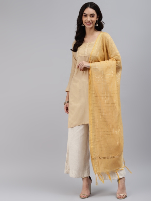 

mokshi Beige Checked Art Silk Dupatta with Zari