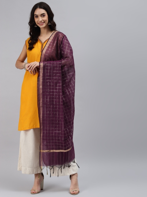 

mokshi Purple Checked Art Silk Dupatta with Zari