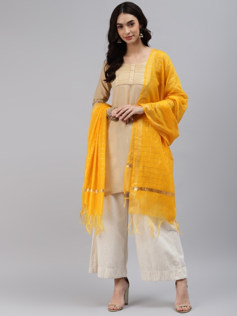 

mokshi Yellow Checked Art Silk Dupatta with Zari