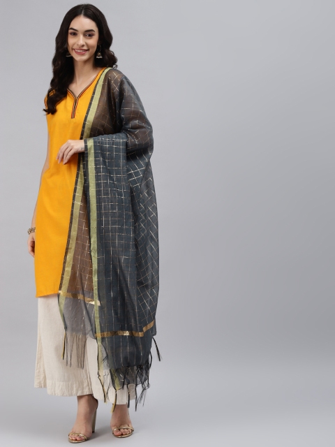 

mokshi Grey Checked Art Silk Dupatta with Zari