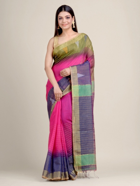 

Charukriti Pink & Blue Striped Zari Saree