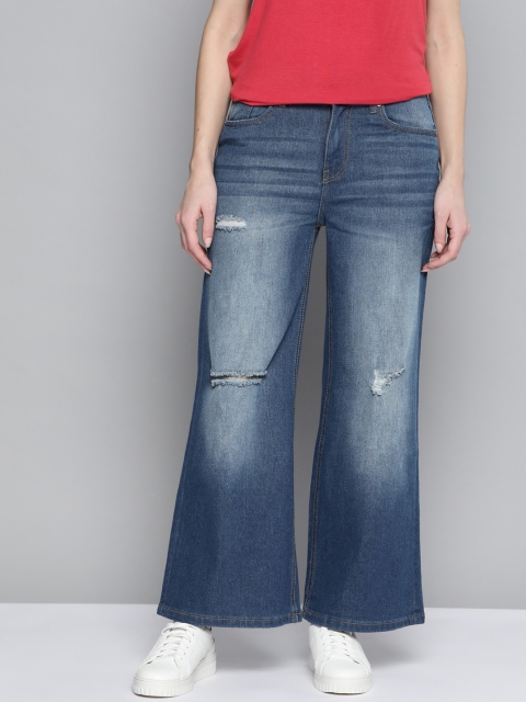 

Mast & Harbour Women Navy Blue Wide Leg Low Distressed Heavy Fade Stretchable Jeans
