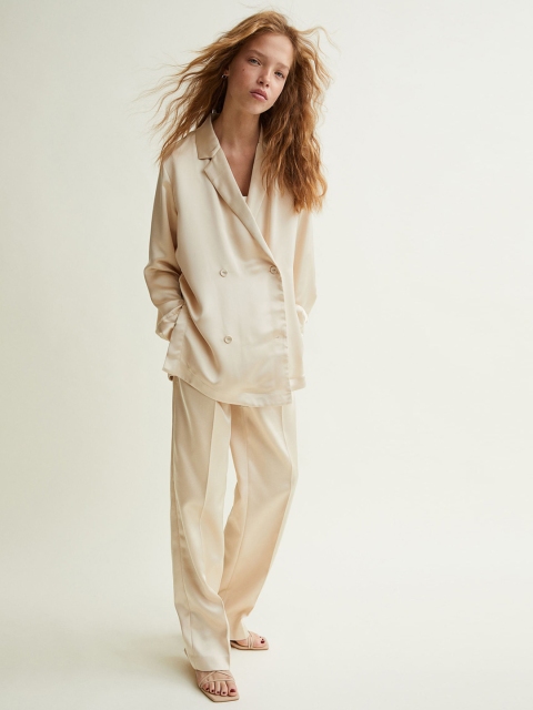 

H&M Women Beige Double-Breasted Satin Shirt