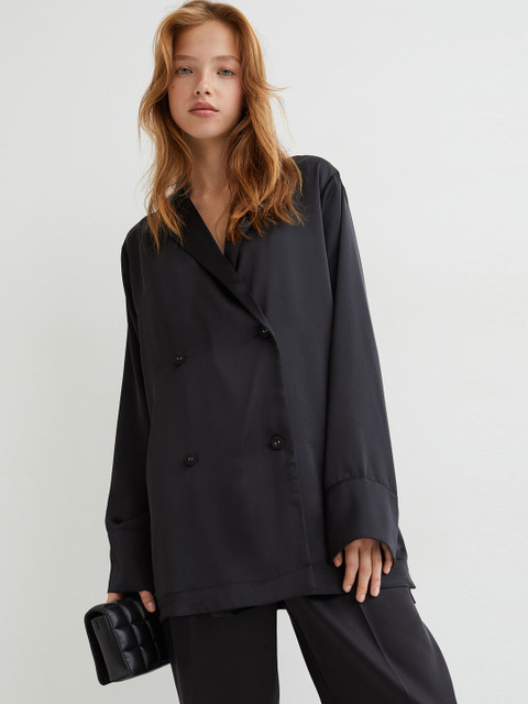 

H&M Women Double-Breasted Satin Shirt, Black