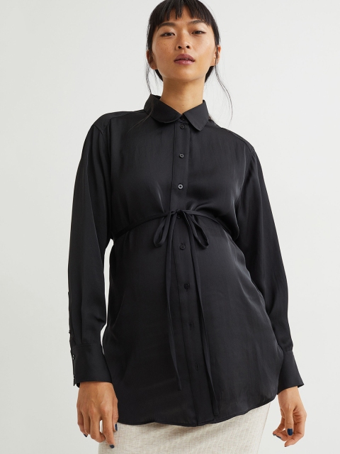 

H&M Women Black Solid MAMA Tie-Belt Satin Shirt