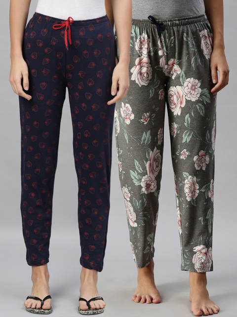 

Kryptic Women Pack of 2 Navy Blue & Grey Melange Printed Cotton Lounge Pants