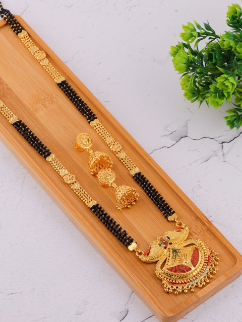 

Brandsoon Gold-Plated & Black Beaded Mangalsutra With Earrings