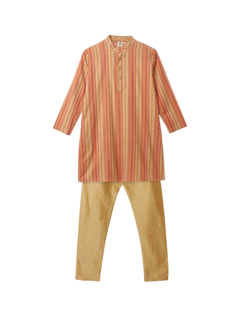 

Cub McPaws Boys Red & Gold-Toned Striped Regular Pure Cotton Kurta With Pyjamas
