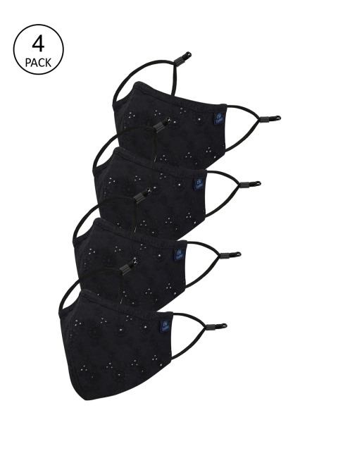 

CENWELL Unisex Pack Of 4 Black Embroidered 6-Ply Reusable Pure Cotton 3D Cloth Masks