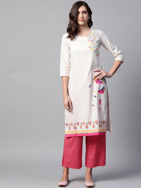 

Rangriti Women Off White & Pink Ethnic Motifs Printed Kurta