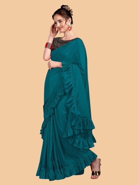 

Mitera Teal Beads and Stones Silk Blend Ruffle Saree with Embellished Blouse