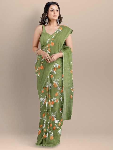 

BharatSthali Green & Orange Floral Pure Cotton Maheshwari Saree