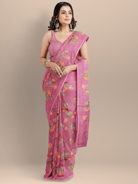 

BharatSthali Pink & Orange Floral Embroidered Pure Cotton Maheshwari Saree