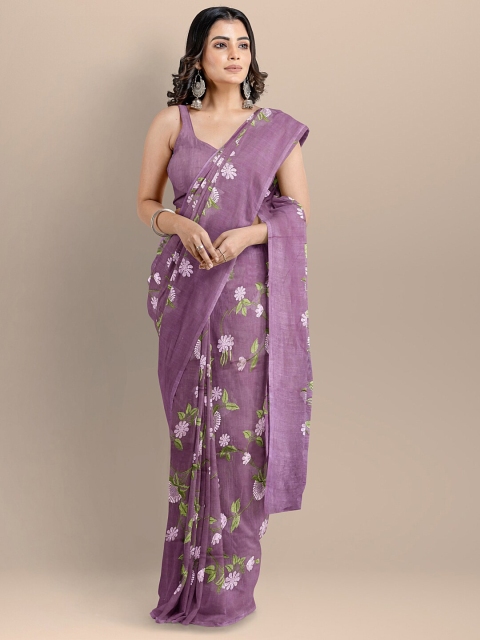 

BharatSthali Purple & Green Floral Pure Cotton Maheshwari Saree