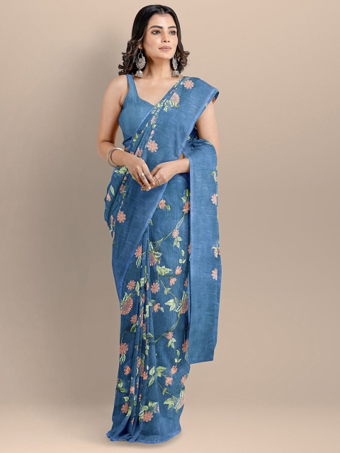 

BharatSthali Navy Blue & Multicoloured Floral Printed Pure Cotton Maheshwari Saree