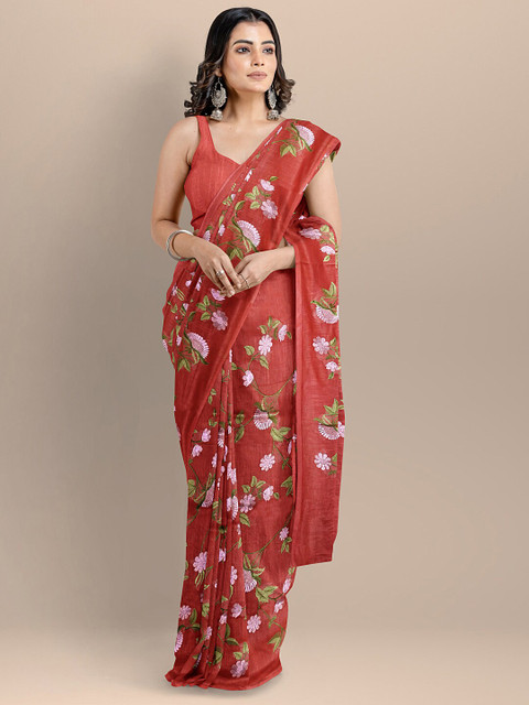 

BharatSthali Red Floral Embroidered Maheshwari Pure Cotton Saree
