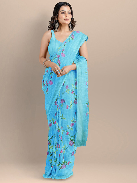 

BharatSthali Blue & Pink Floral Embroidered Pure Cotton Maheshwari Saree
