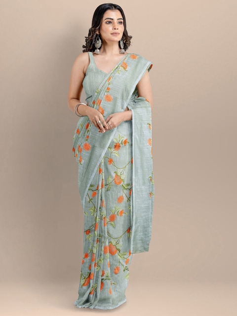 

BharatSthali Grey & Orange Floral Embroidered Pure Cotton Maheshwari Saree