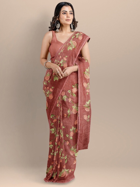 

BharatSthali Maroon & Green Floral Maheshwari Pure Cotton Saree