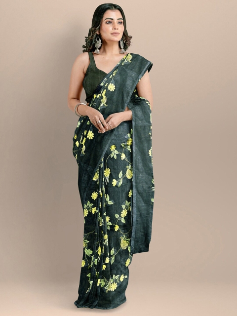 

BharatSthali Green & Yellow Floral Embroidered Pure Cotton Maheshwari Saree