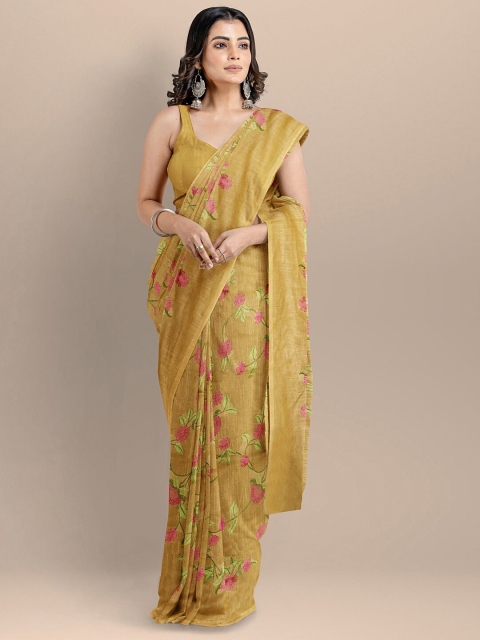 

BharatSthali Mustard & Pink Floral Printed Pure Cotton Maheshwari Saree
