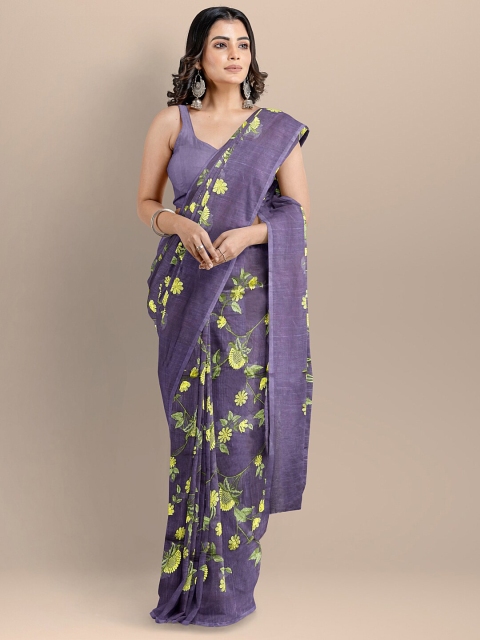 

BharatSthali Purple & Yellow Floral Embroidered Pure Cotton Maheshwari Saree