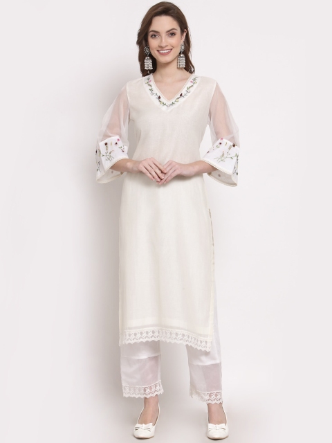 

DART STUDIO Women White Bell Sleeves Chanderi Silk Chanderi Silk Kurta