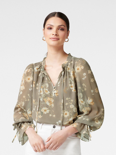 

Forever New Green Floral Tie-Up Neck Regular Top