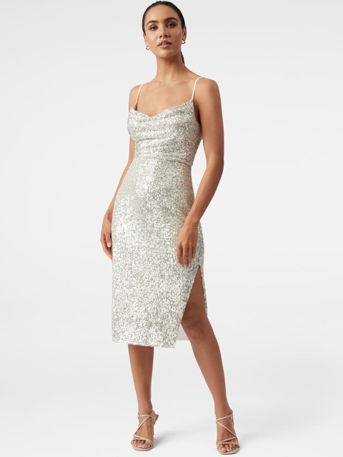 

Forever New Silver-Toned Embellished Cowl Neck Sheath Midi Dress