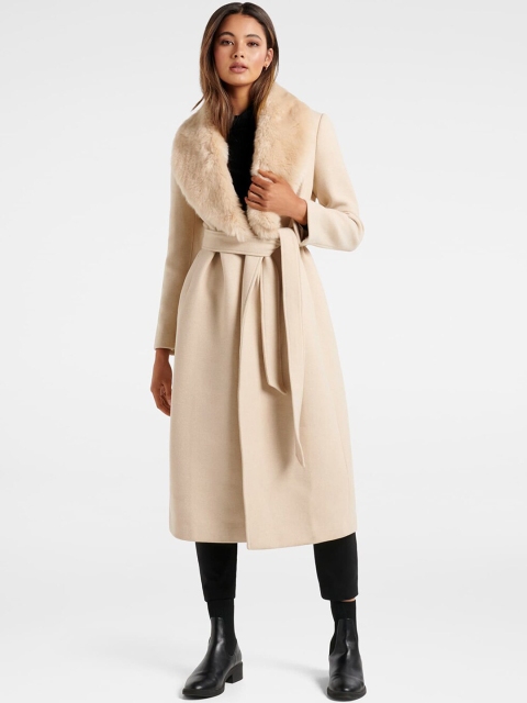 

Forever New Women Cream Solid Fur Collar Wrap Coat