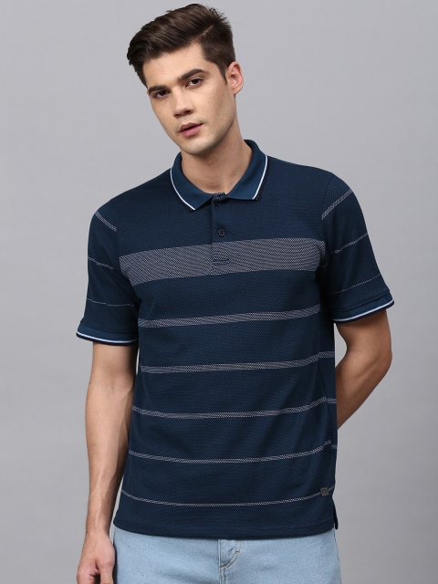 

Campus Sutra Men Teal Striped Polo Collar Pockets Outdoor T-shirt