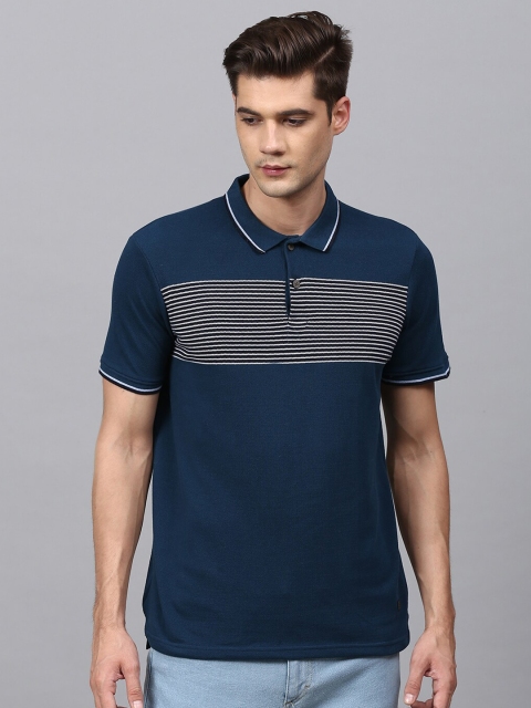 

Campus Sutra Men Navy Blue Striped Polo Collar T-shirt