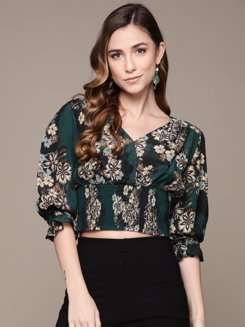 

Label Ritu Kumar Green Floral Crepe Blouson Crop Top