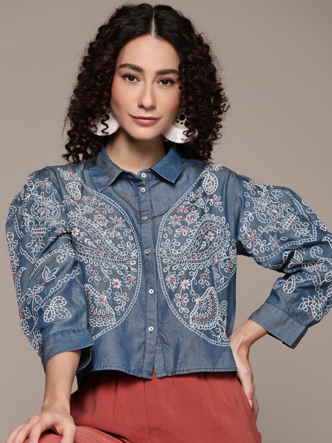 

Label Ritu Kumar Women Blue Opaque Printed Casual Denim Shirt