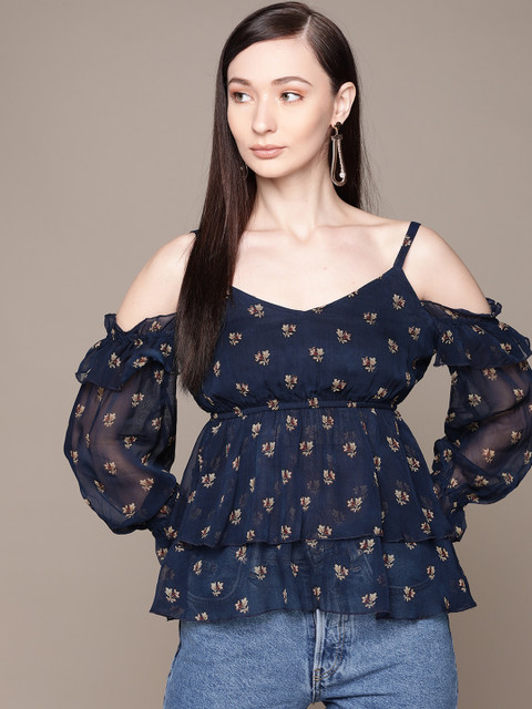 

Label Ritu Kumar Blue Floral Georgette Regular Top