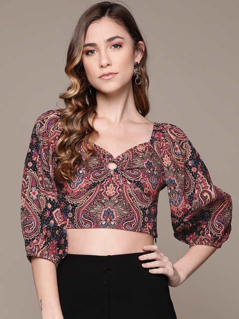 

Label Ritu Kumar Black & Red Sweetheart Neck Crepe Blouson Crop Top