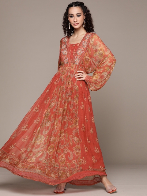 

Ritu Kumar Pink Floral Chiffon Maxi Dress With Camisole