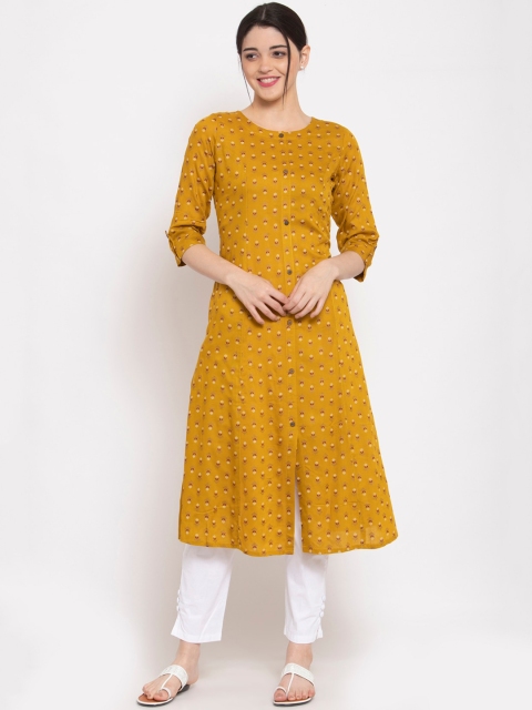 

ALC Creations Women Yellow Floral Checked Mirror Work Anarkali Kurta