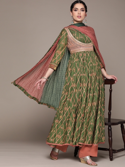 Ritu Kumar Women Green Floral Printed Anarkali Kurta