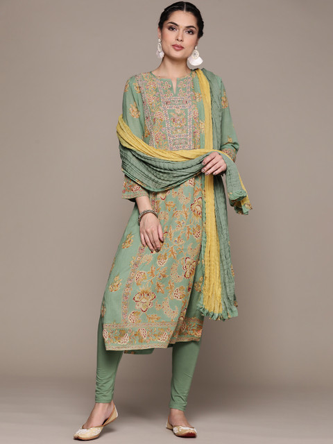 

Ritu Kumar Women Green Floral Printed Regular Kurta with Trousers & With Dupatta