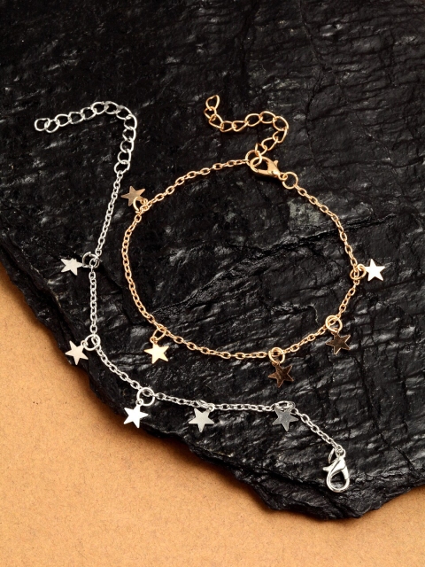 

Ferosh Set Of 2 Silver-Toned & Gold-Toned Stars Anklet