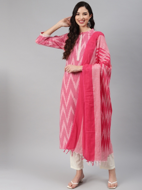 

Silai Bunai Women Pink Printed Regular Thread Work Pure Cotton Kurta with Trousers & With Dupatta