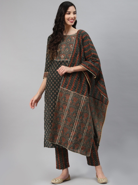 

Silai Bunai Women Green Printed Regular Gotta Patti Pure Cotton Kurta with Trousers & With Dupatta